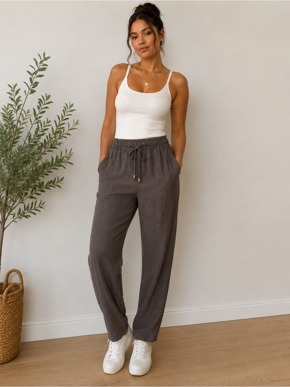 LoveuDear Women’s Crinkle Drawstring Pants Gray Elastic Waist Lightweight